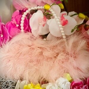 NEW, Icing Pink Feather Mini Bag with Pearl Handle (Legnth:10"). Bag's Hight:6".